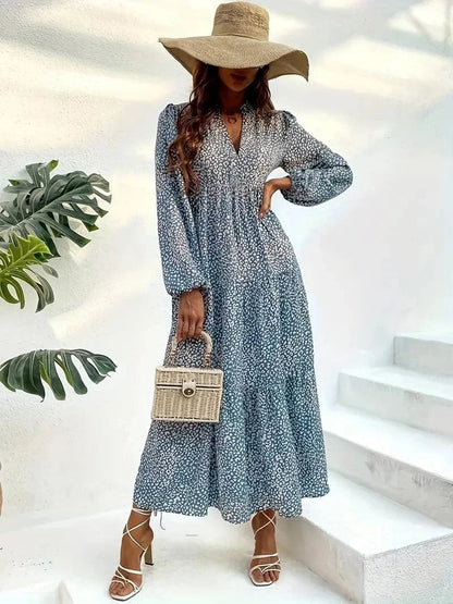 Women's Maxi Dress - Long Sleeve V-Neck - Loose Fit - Light and Airy Fabric