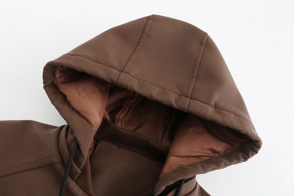 Herre Skinnlook Jakke – Hette med Snøring – Vattert Fôr – Glidelåslukking – Ribbestrikket Kant