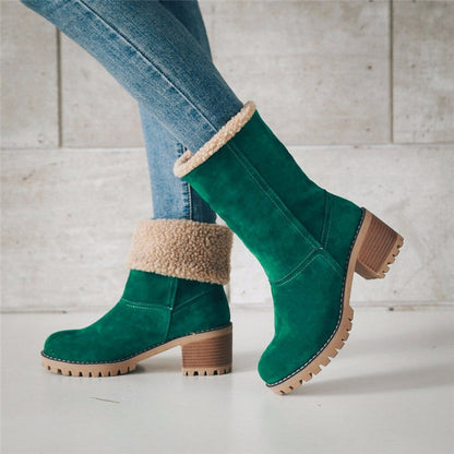 Dame Støvler - Semsket Look - Fôret Varme - Stabil Blokkhel - Sklihemmende Såle