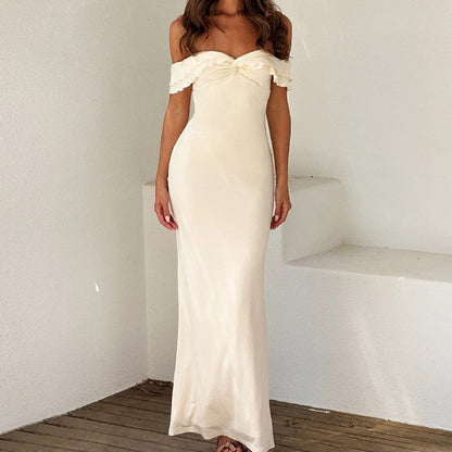Women's Maxi Dress – Satin – Slim Fit – Off Shoulder with Ruffle