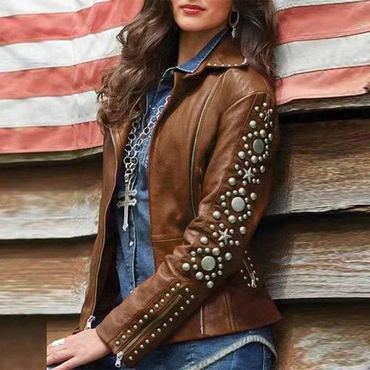 Women's Leather Jacket - Studded Design - Zipper Details - Classic Biker Style