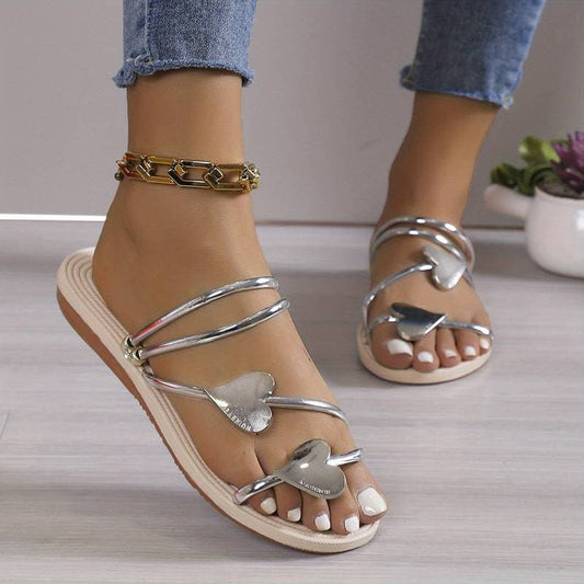 Women's Sandals – Flat Soles – Decorative Metal Hearts – Comfortable and Stylish