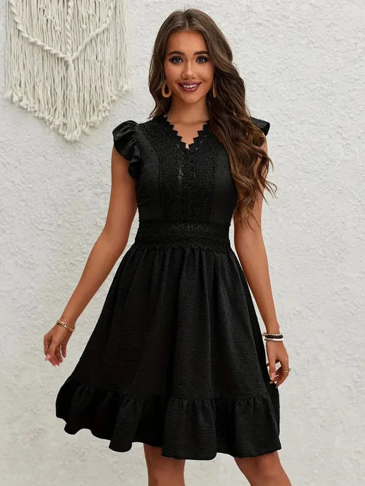 Women's Dress - A-line Fit - V-neck with Wavy Edge - Knee-length - Short Fluttering Sleeves