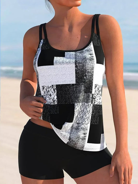 Women's Tankini Top – Relaxed Fit – Geometric Pattern – Double Strap – Breathable Material