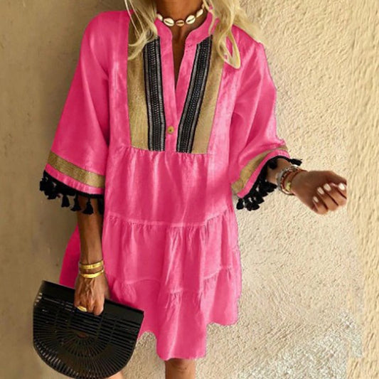 Women's Tunic Dress – Loose Fit – V-neck with Embroidery Details – 3/4 Sleeves with Tassels