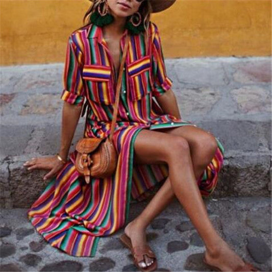 Women Shirt Dress - Midi Length - Breathable Fabric - Buttons and Collar - Relaxed Fit