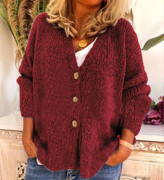 Women's Cardigan – Relaxed Fit – Chunky Knit – V-neck with Buttons