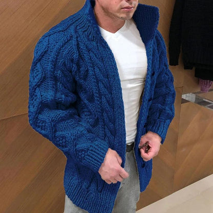 Herre Strikket Cardigan - Tykk Kabelstrikk - Høy Krage - Avslappet Passform - Knapper