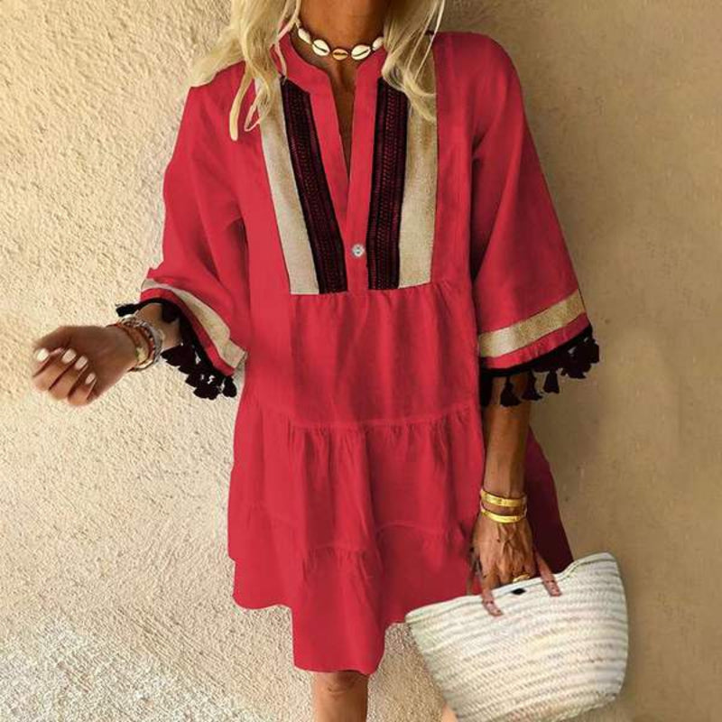 Women's Tunic Dress – Loose Fit – V-neck with Embroidery Details – 3/4 Sleeves with Tassels