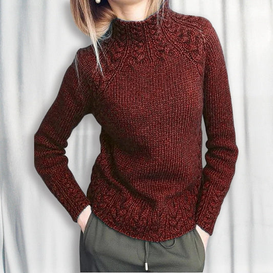 Women's Knitted Sweater - High Neck - Cable Knit Detail - Soft and Warm