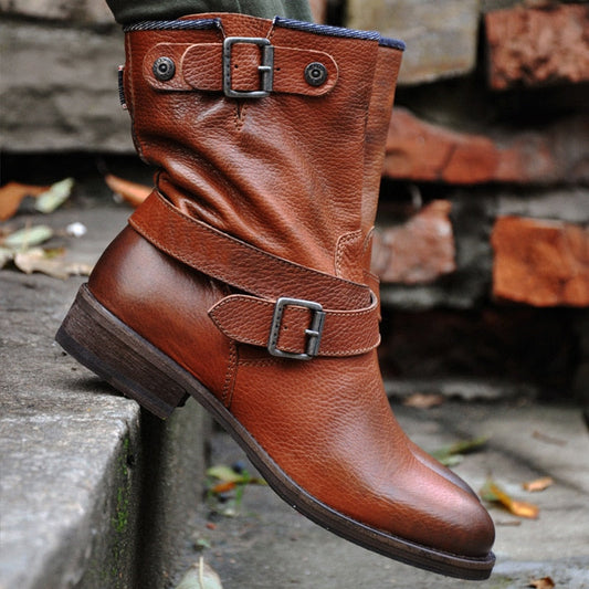 Women's Leather Boots – Slouchy Shaft – Decorative Straps and Buckles – Comfortable Sole