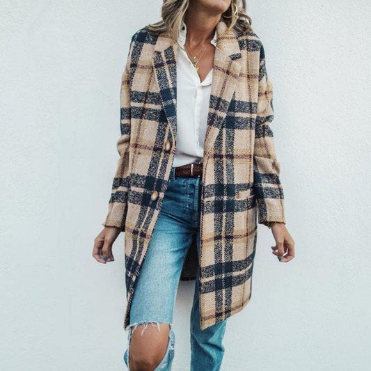 Women's Coat - Classic Check Pattern - Tailored Fit - Single-Breasted with Button Closure