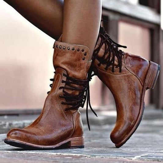 Women's Ankle Boots – Leather – Lacing – Stud Details – Low Heel – Round Toe