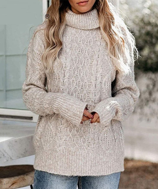 Women's Knitted Sweater - Cable Knit - High Neck - Long Sleeved - Relaxed Fit