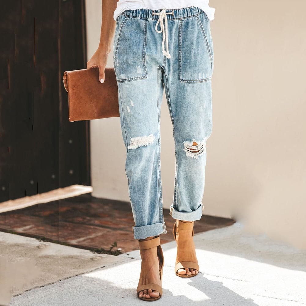 Dame Jeans – Avslappet Passform – Ripped Denim – Elastisk Midje med Snøring