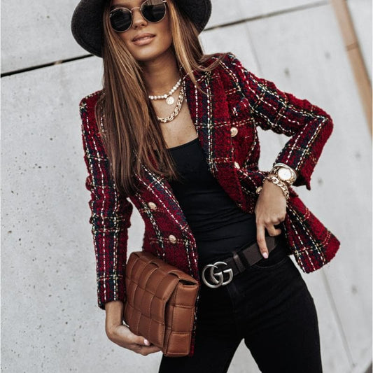 Women's Blazer - Tweed Fabric - Check Pattern - Tailored Fit - Gold Buttons