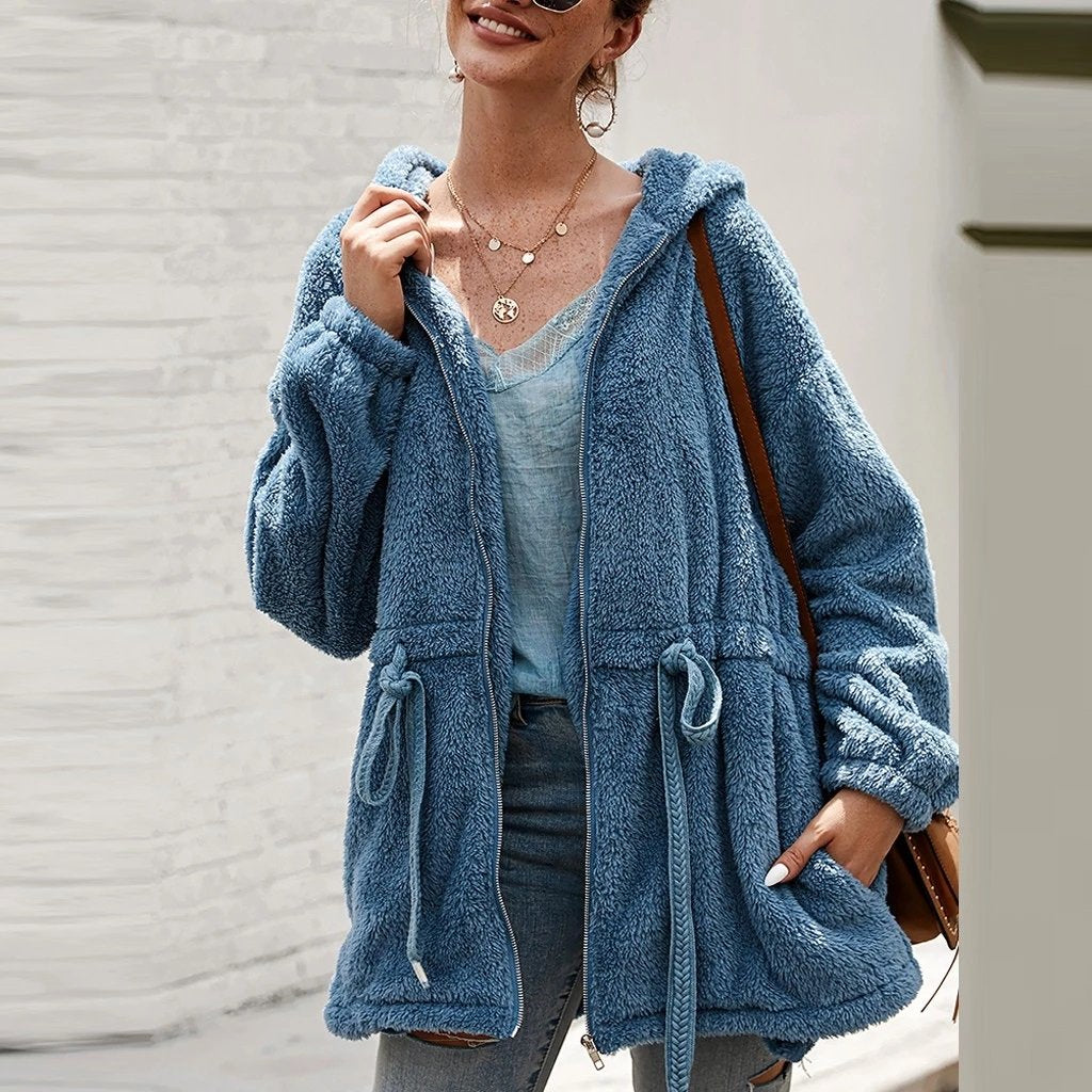 Dame Teddyjakke - Myk Plysj - Hette & Glidelås - Oversized Passform - Lommer