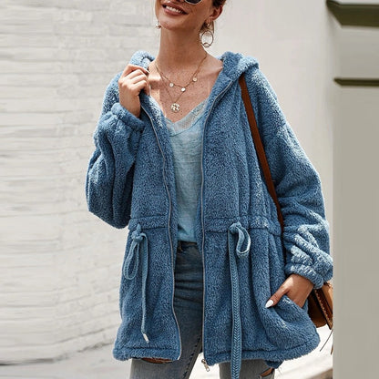 Dame Teddyjakke - Myk Plysj - Hette & Glidelås - Oversized Passform - Lommer
