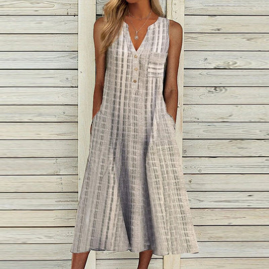 Women's Midi Dress - A-line Fit - V-neck - Buttons & Side Pockets - Airy Fabric