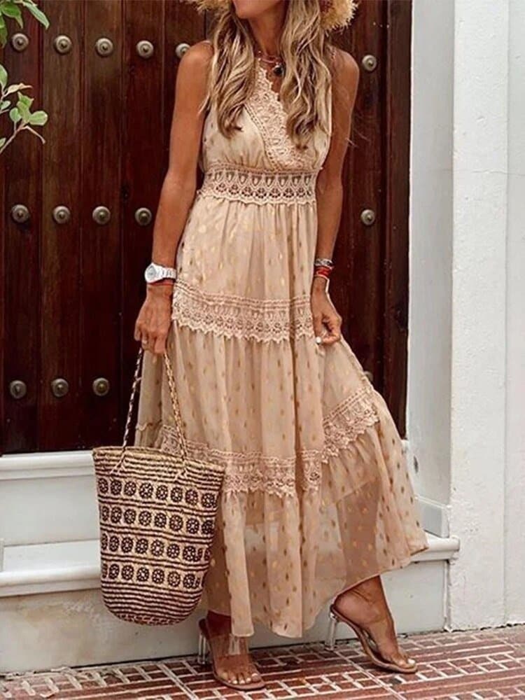 Women's Maxi Dress - V-neck Sleeveless - Lace and Ruffles - Elegant and Comfortable