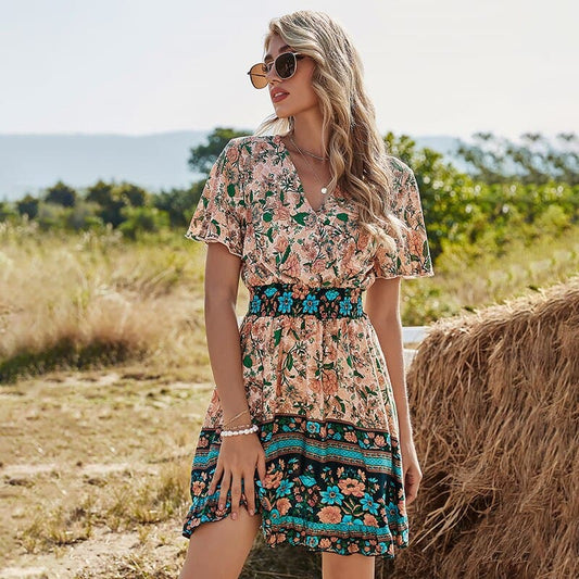 Dress for Women - Floral Pattern - V-Neck - Short Airy Sleeves - Smocked Waist - Flowy Fit