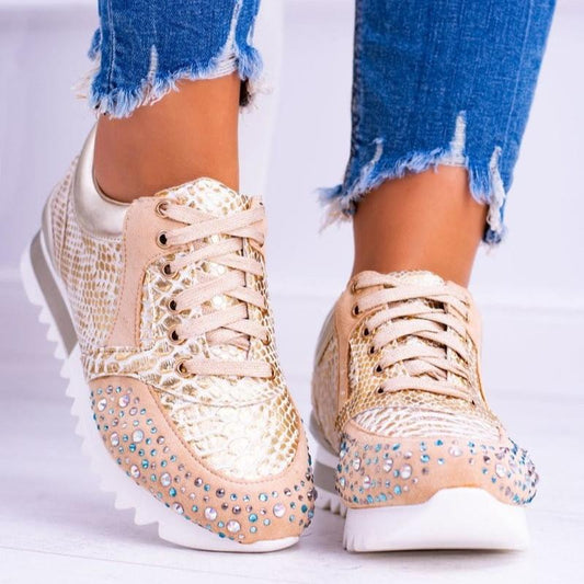 Women's Sneakers - Structured Design - Rhinestone Details - Thick Sole - Lacing