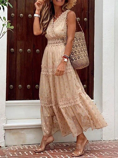 Women's Maxi Dress - V-neck Sleeveless - Lace and Ruffles - Elegant and Comfortable