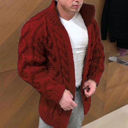Herre Strikket Cardigan - Tykk Kabelstrikk - Høy Krage - Avslappet Passform - Knapper