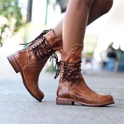 Women's Ankle Boots – Leather – Lacing – Stud Details – Low Heel – Round Toe