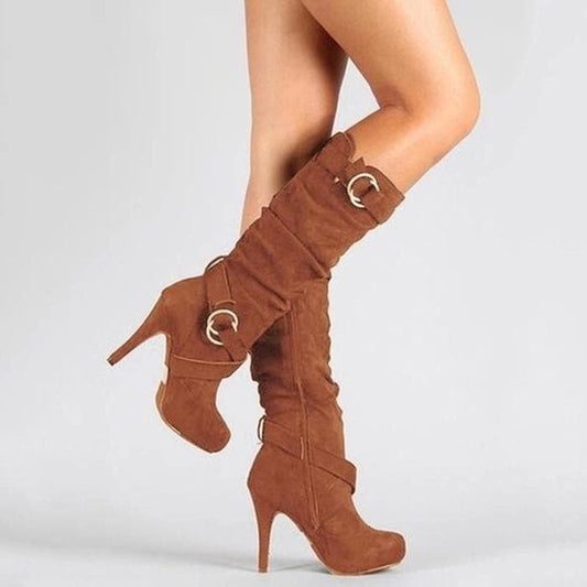 Women's Knee-High Boots – Suede Leather – Slouchy Fit – High Stiletto Heels – Buckle Details