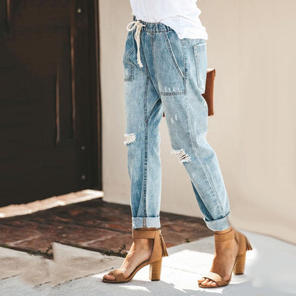 Dame Jeans – Avslappet Passform – Ripped Denim – Elastisk Midje med Snøring