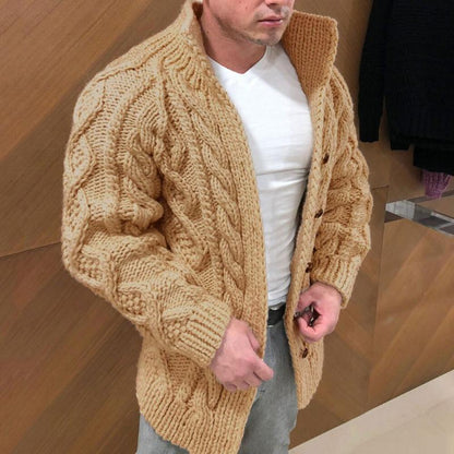 Herre Strikket Cardigan - Tykk Kabelstrikk - Høy Krage - Avslappet Passform - Knapper