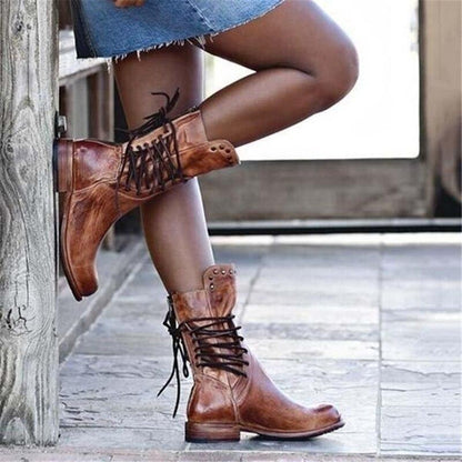 Women's Ankle Boots – Leather – Lacing – Stud Details – Low Heel – Round Toe