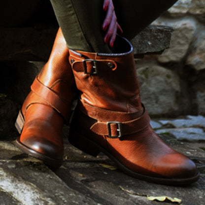 Women's Leather Boots – Slouchy Shaft – Decorative Straps and Buckles – Comfortable Sole