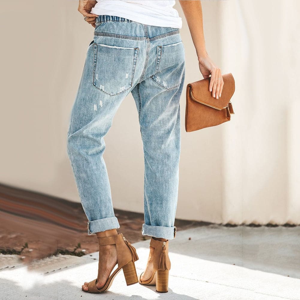 Dame Jeans – Avslappet Passform – Ripped Denim – Elastisk Midje med Snøring