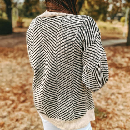 Dame Cardigan – Strikket Herringbone Mønster – V-hals – Knappelukking – Løs Passform