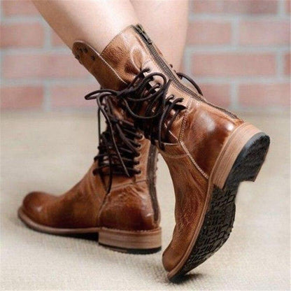 Women's Ankle Boots – Leather – Lacing – Stud Details – Low Heel – Round Toe