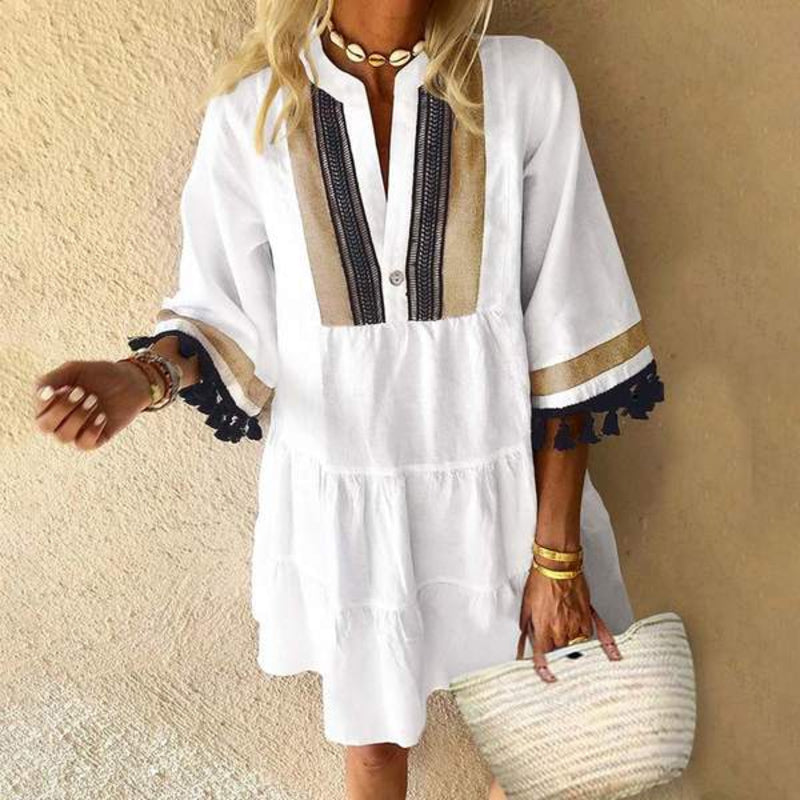 Women's Tunic Dress – Loose Fit – V-neck with Embroidery Details – 3/4 Sleeves with Tassels