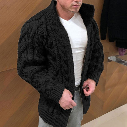 Herre Strikket Cardigan - Tykk Kabelstrikk - Høy Krage - Avslappet Passform - Knapper