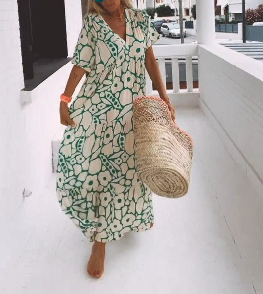 Women's Maxi Dress - V-neck - Short Sleeves - Loose Fit - Elegant and Comfortable