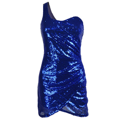Dress woman – mini dress with sequins – one shoulder – tight fit – ruched design