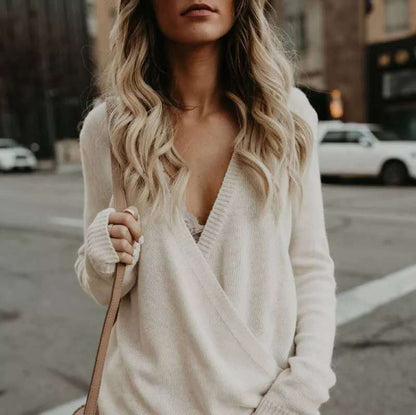 Women's Wrap Sweater – Knitted Wool Texture – Deep V-neck – Relaxed Fit – Long Sleeves