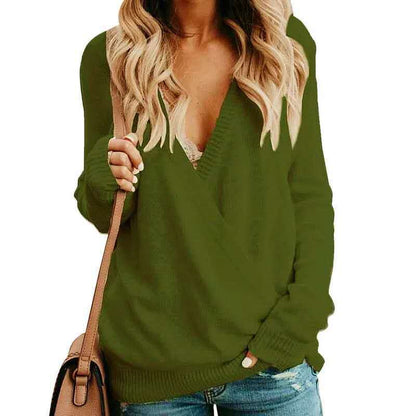 Women's Wrap Sweater – Knitted Wool Texture – Deep V-neck – Relaxed Fit – Long Sleeves