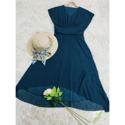 Dress for Women – Midi – V-neck – A-line – Layered Asymmetric Skirt – Lightweight Fabric