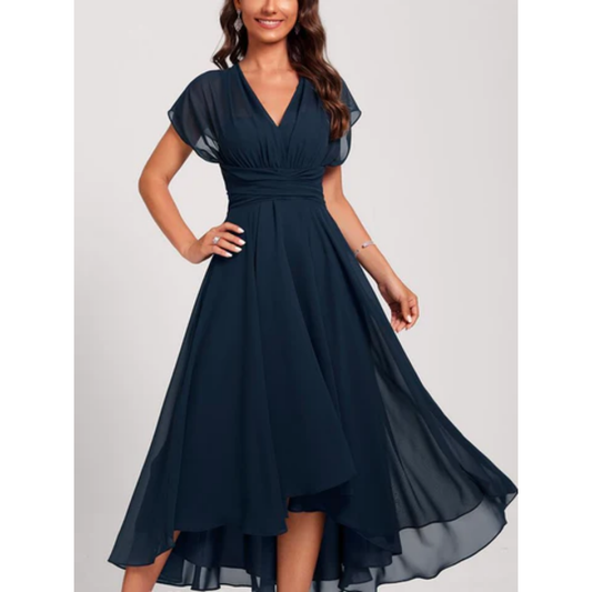 Dress for Women – Midi – V-neck – A-line – Layered Asymmetric Skirt – Lightweight Fabric