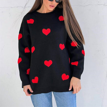 Women's Sweater – Knitted Oversized Fit – Heart Pattern – Long-Sleeved Casual