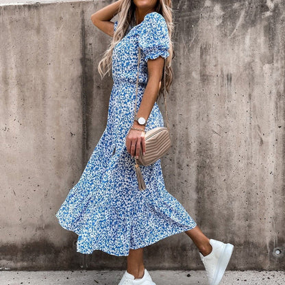 Women's Midi Dress - V-neck - Short Puff Sleeves - Fitted Waist - Floral Print