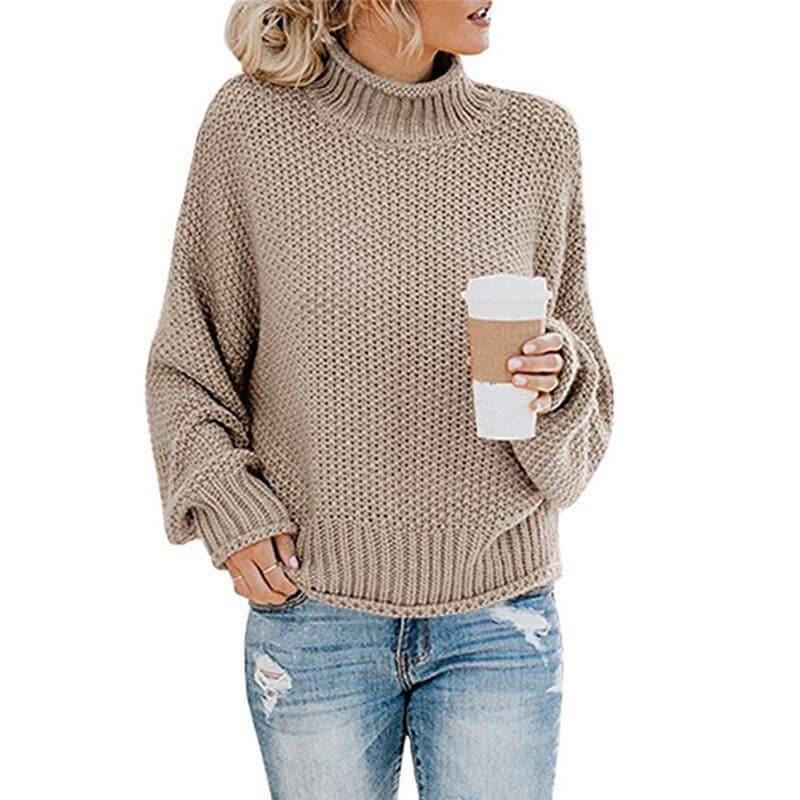 Dame Strikkegenser - Høy Høyhalset - Chunky Strikk - Oversized Passform - Lange Ermer