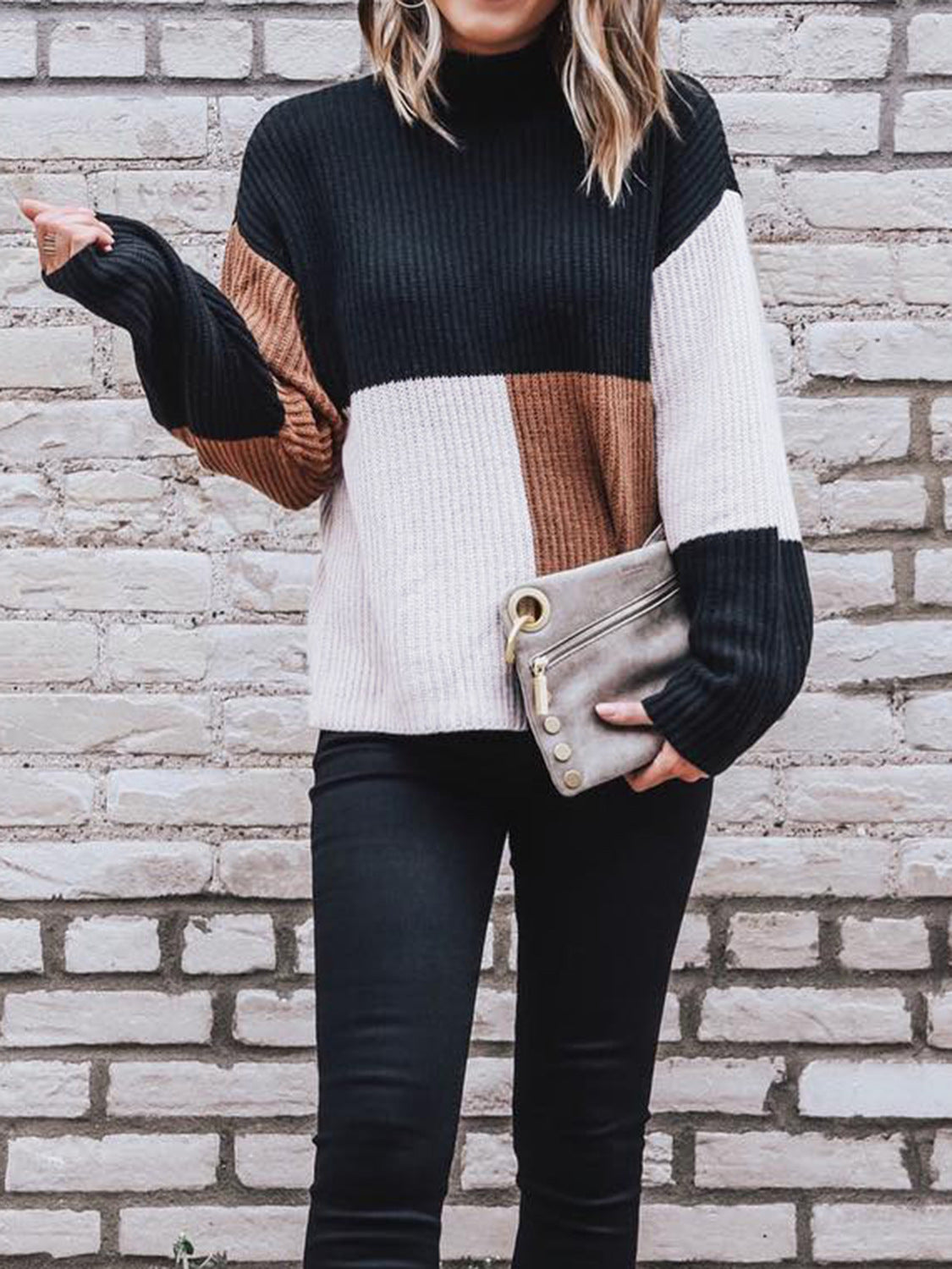 Women's Turtleneck Sweater - Relaxed Fit - Long Wide Sleeves - Trendy Color Block