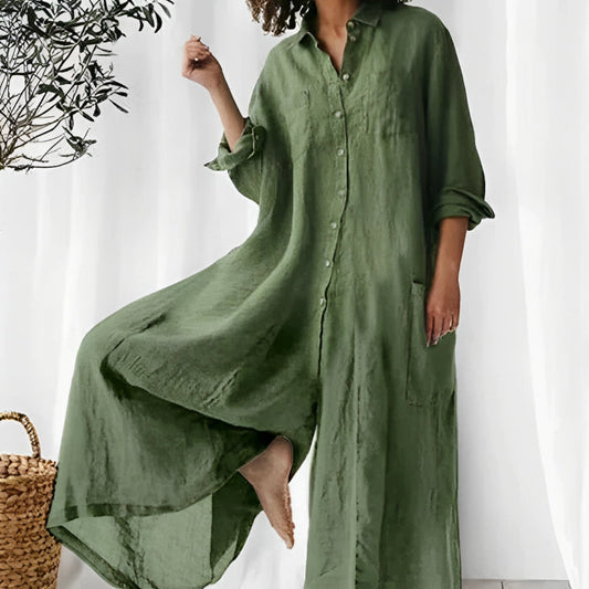 Women's Jumpsuit – Oversized Fit – Breathable Fabric – Full Length – Button Front